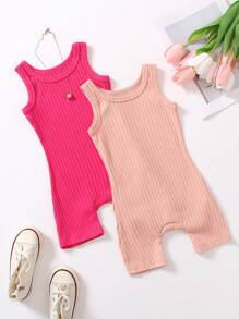 SHEIN Young Girl Summer Casual Solid-Colored Ribbed Knit Sleeveless Romper - Multicolor - View 1