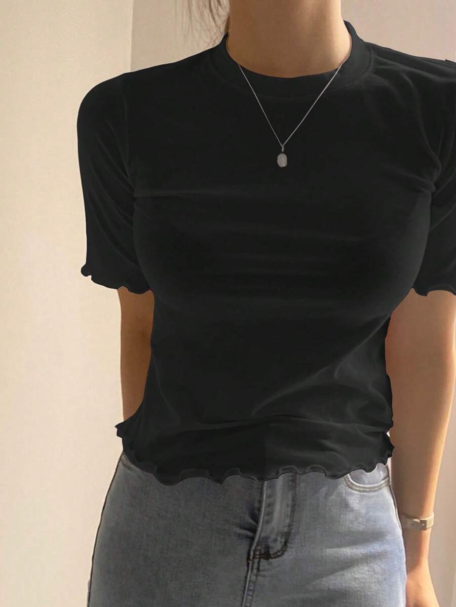 DAZY Women's Solid Color Fitted T-Shirt With Frill Trim Design Summer - Black - View 1