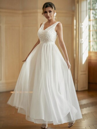 LVNES 女士 A 字型简约婚纱 V 领薄纱无袖复古婚纱