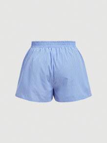 SHEIN MOD Blue & White Striped Elastic Waist Shorts With Alphabet Patchwork Decoration, Summer - Blue and White - View 2