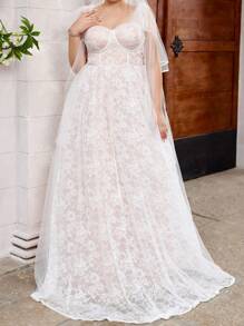 SHEIN Belle 大尺碼優雅婚紗，具透視襯衫，緞帶束腰，豪華細節 - 白色 - 查看 1