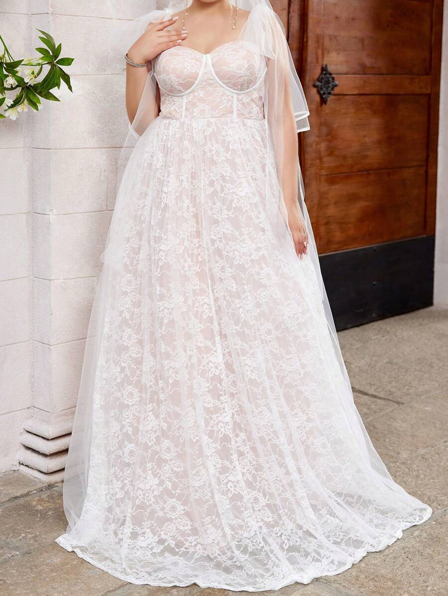 SHEIN Belle 大尺碼優雅婚紗，具透視襯衫，緞帶束腰，豪華細節 - 白色 - 查看 1