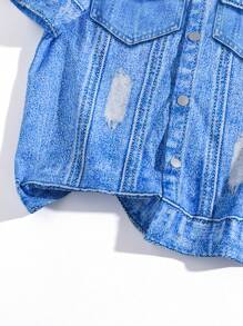 Tween Boy Casual Denim Effect Printed Turn-Down Collar Short Sleeve Shirt And Shorts Woven 2pcs Outfit Set