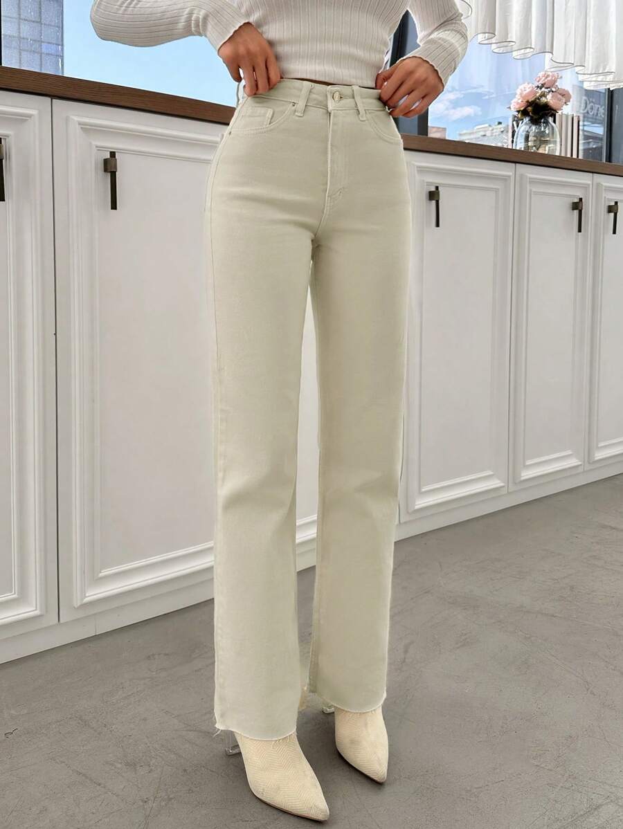 EURMUSE High Waist Straight Leg Jeans - Beige - View 1