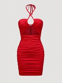 Vintage Sexy Lady Pleated Hollow Out Solid Color Dress For Women
