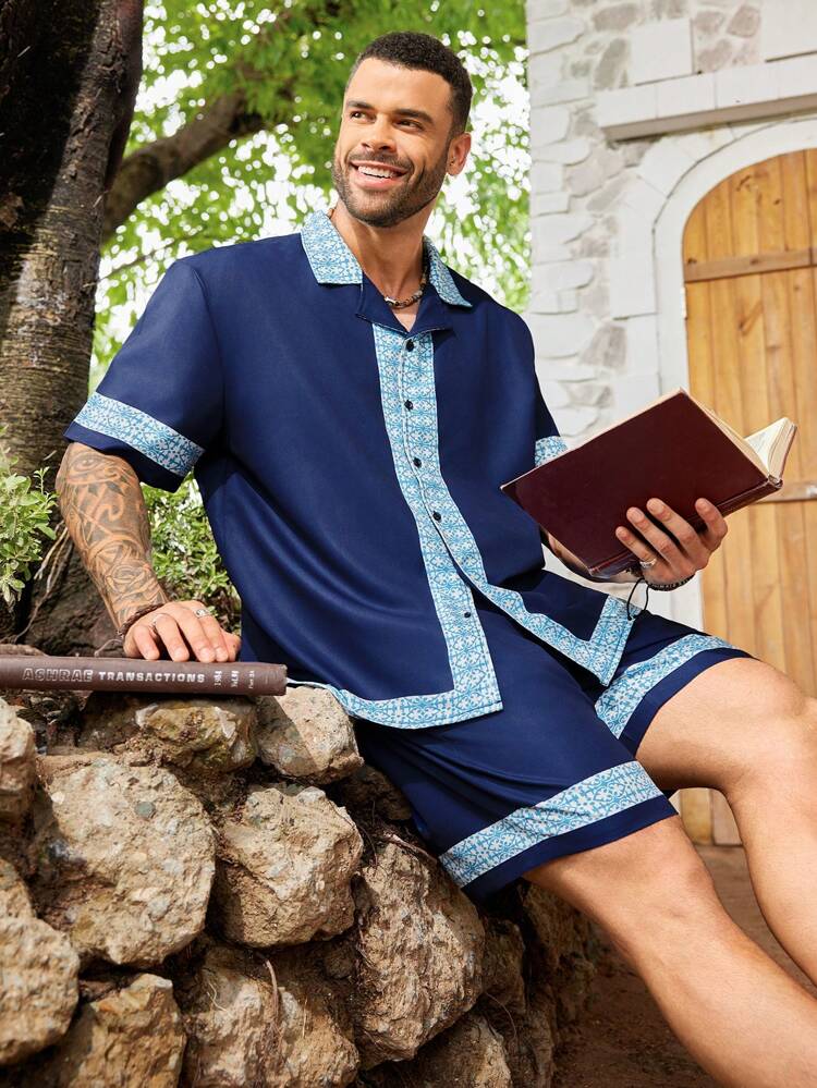 Men's Plus Size Summer Holiday Floral Printed Short Sleeve Shirt And Shorts Casual 2pcs/Set