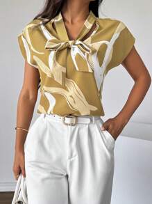SHEIN Privé Áo voan khối màu mùa hè dành cho nữ với tay áo bồng bềnh và cổ thắt nơ - Màu Khaki - Xem 3