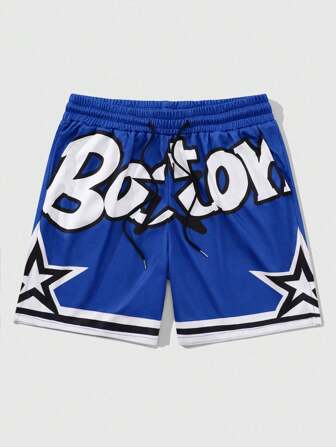 Prep Pantalones cortos de baloncesto deportivos con cintura con cordón y estampado de letras simples para hombres, escuela