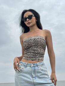 SHEIN EZwear 豹紋編織緊身筒上衣 - 彩色 - 查看 5