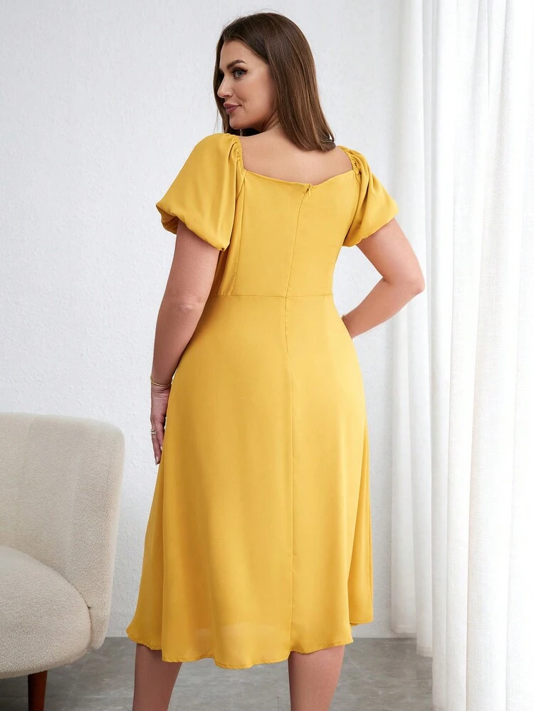 Plus Size Long A-Line Split Hem Puff Sleeve Summer Dress