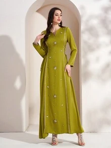 Women's V-Neck Lace Up Elegant Long Sleeve Arabic Style Dress (Front Tie Beaded Trim, May Not Reach Head) - Green - View 7