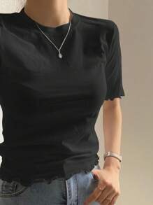 DAZY Women's Solid Color Fitted T-Shirt With Frill Trim Design Summer - Black - View 2