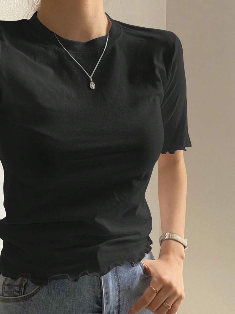 Women's Solid Color Fitted T-Shirt With Frill Trim Design Summer