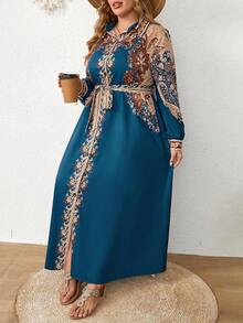 Mulvari Plus Size Women's Embroidered Decor Long Sleeve Dress - Blue - View 3