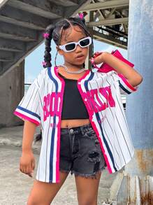 SHEIN Tween Girl Cool Street Style Woven Stripe Short Sleeve Shirt For Spring/Summer