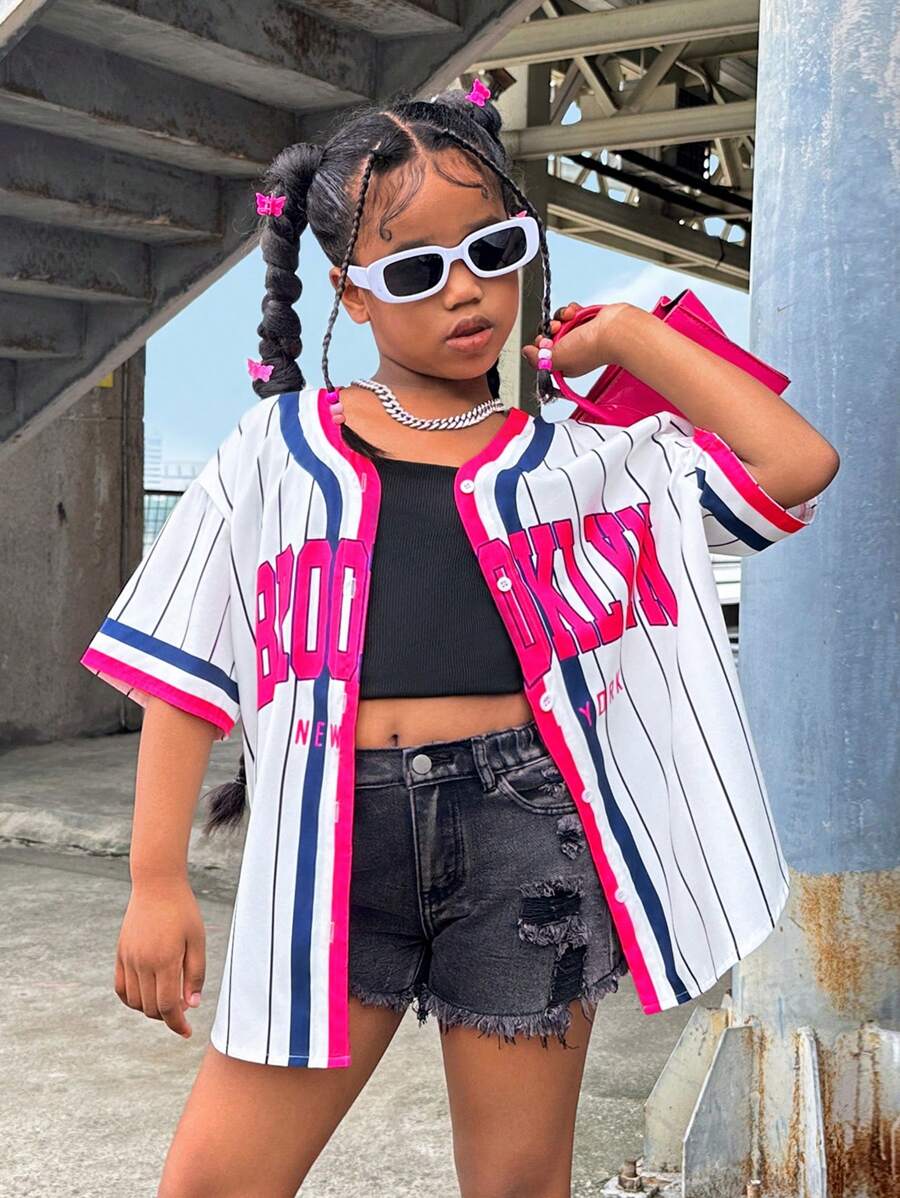 SHEIN Tween Girl Cool Street Style Woven Stripe Short Sleeve Shirt For Spring/Summer