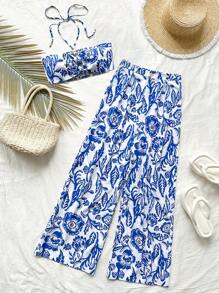 Soleia 2pcs/Set Women Bohemian Music Festival Blue & White Print Bib Top And Wide Leg Pants - Blue and White - View 1