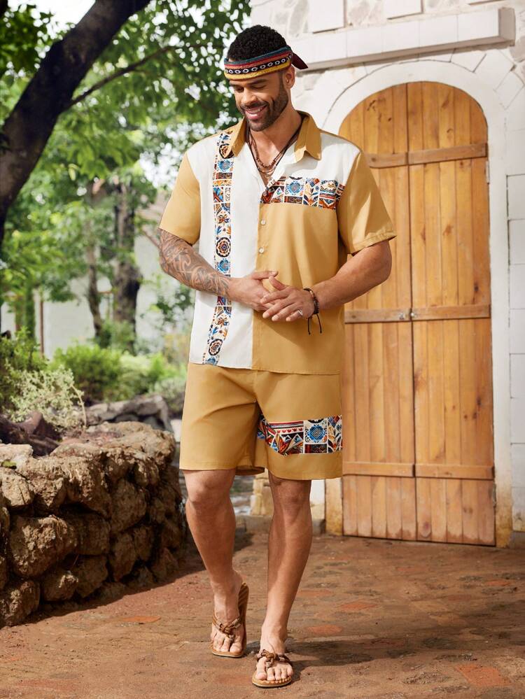 Men's Plus Size Summer Holiday Geometric Printed Short Sleeve Shirt And Shorts Casual 2pcs Set