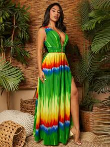 SHEIN SXY Vestidos maxi para mujeres teñidos con nudo dividido, vestido de vacaciones en la playa, ropa de mujer para vacaciones en la playa y ropa de mujer boho - Multicolor - Ver 8
