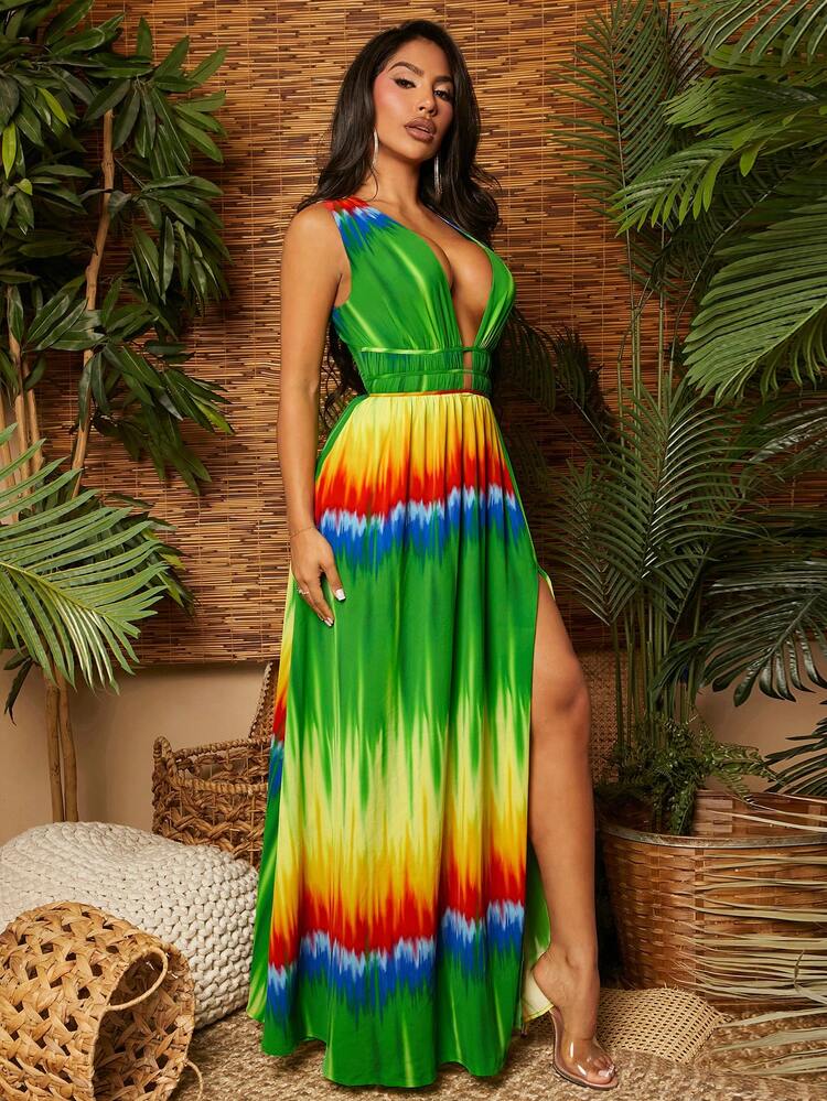 Maxi Women Dresses Tie Dye Split  Beach Holiday Dress Beach Vacation Women Clothes  Boho Women Clothing