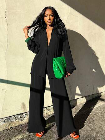 2st Fashionabla plisserad skjorta för kvinnor och bekväma byxor med vida ben, Casual, Damer Vår/Höst Fritidsficka, Dragkedja Långärmad Lös svart blusbyxa Damkläder i två delar, Casual Daglig klädsel