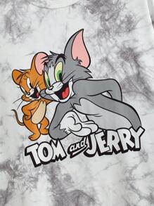 TOM & JERRY X SHEIN Men's Casual Cartoon & Letter Printed Tie-Dye Loose Fit Oversized T-Shirt, Summer - Grey - View 4