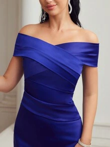 MOTF PREMIUM OFF SHOULDER CROSS WRAP SLIM FIT EVENING DRESS,SPRING/SUMMER - Blue - View 3