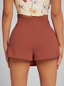 Hauture Solid Fashion High Waist O-Ring Detail Wrap Skort - Rust Brown - View 2