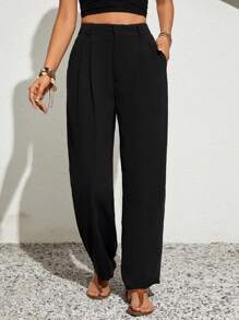 SHEIN VCAY Solid Color Elastic Waist Belt Pocketed Casual Straight-Leg Pants - Black - View 5