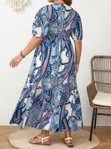 Mulvari Plus size cổ chữ V in hình kỳ nghỉ thông thường Váy ngắn tay Ruffle Hem - Màu xanh lam - Xem 2