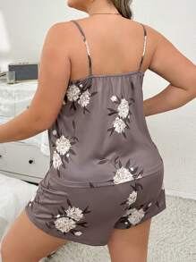 Set pijama de vară cu top și pantaloni scurți, mărime plus, cu imprimeu floral, ținute - Maro - Vizualizare 2