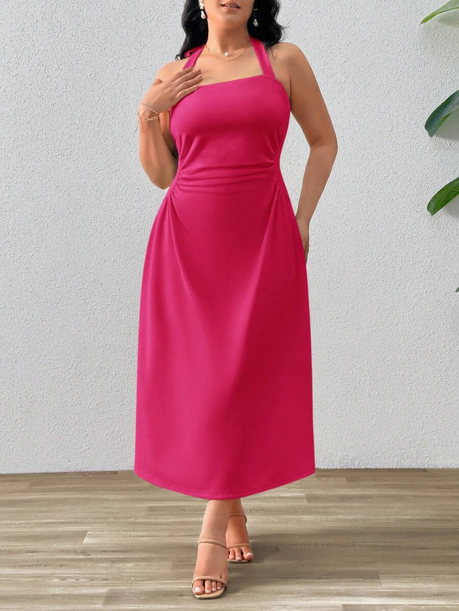 SHEIN Privé Plus Size Ruched Spaghetti Strap Midi Dress In Light Apricot Color, Elegant Style For Daily Wear Or Date - Hot Pink - View 1