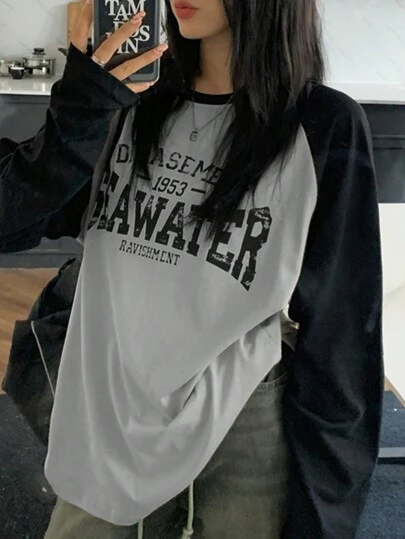 INAWLY 女士春夏宽松休闲T恤，长袖，撞色肩部设计，字母印花图案，适合春秋季穿着。