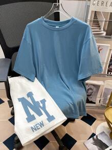 SHEIN Teen Boy Casual Loose Comfortable Printing Short Sleeve Top And Shorts Set, Versatile - Dusty Blue - View 2