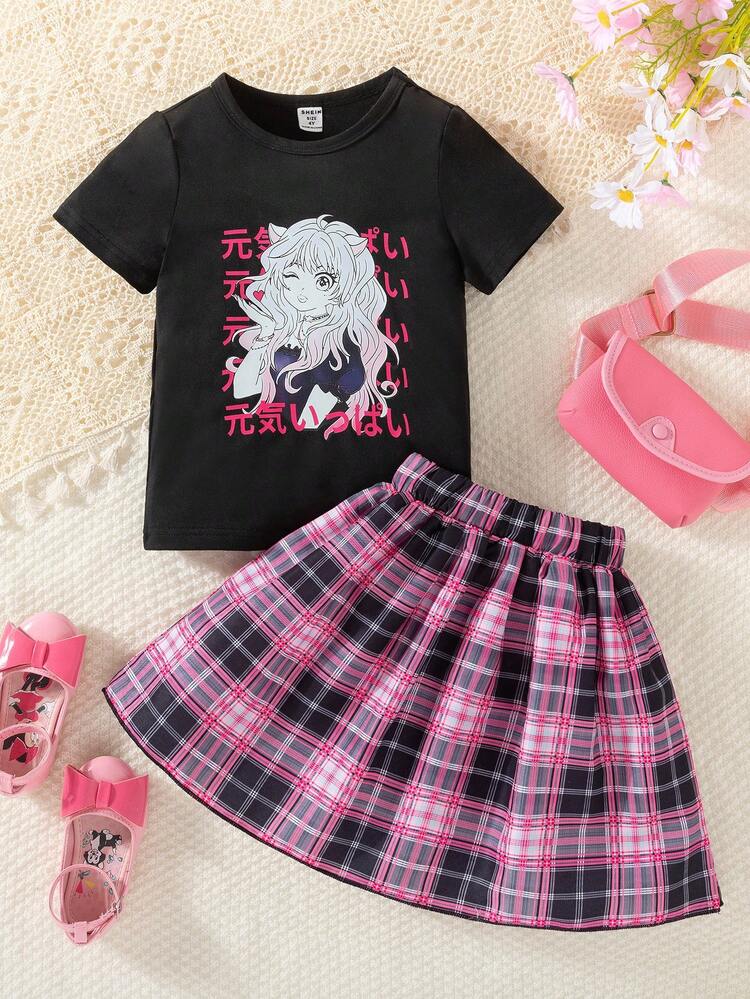 Young Girl 2pcs/Set German Back To School Season Cartoon Pattern T-Shirt And Plaid A-Line Skirt Summer Outfits