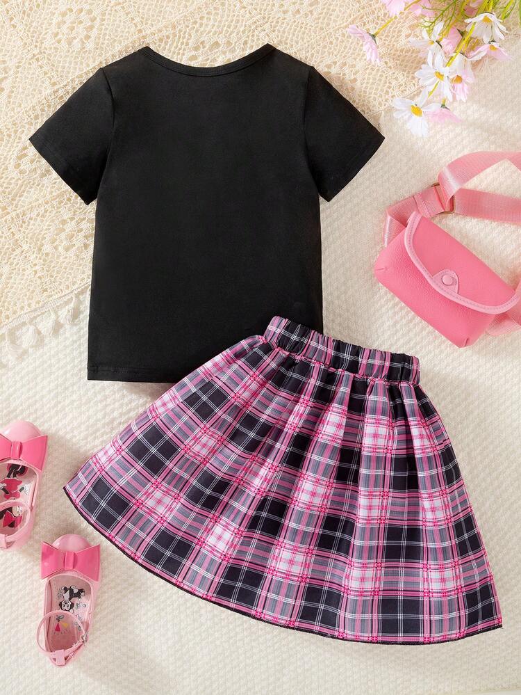 Young Girl 2pcs/Set German Back To School Season Cartoon Pattern T-Shirt And Plaid A-Line Skirt Summer Outfits