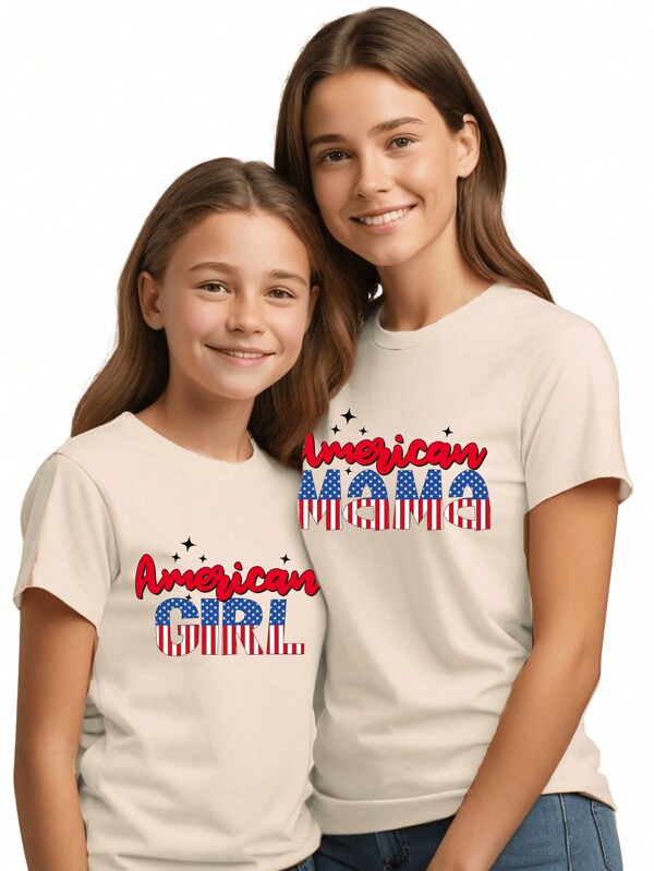 White Crown & Letter Printed Women's Casual Round Neck Short Sleeve T-Shirt, Family Matching Outfits Mommy And Me (3 Pieces Are Sold Separately)