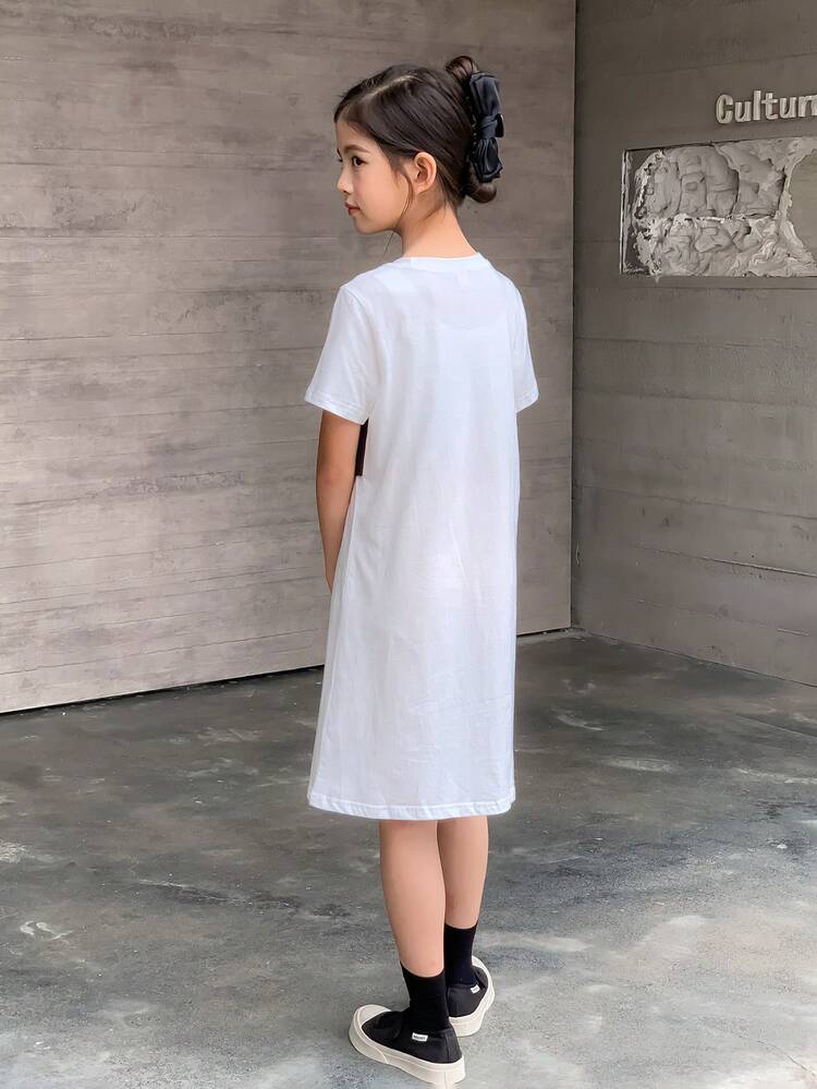 Tween Girl Color Block Short Sleeve Casual T-Shirt Dress With Front Tie, 2 In 1