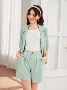 SHEIN Débardeur tricoté pour fille adolescente, et veste de style blazer décontractée élégante de couleur verte claire avec short, ensemble de 3 pièces - Vert - Voir 7