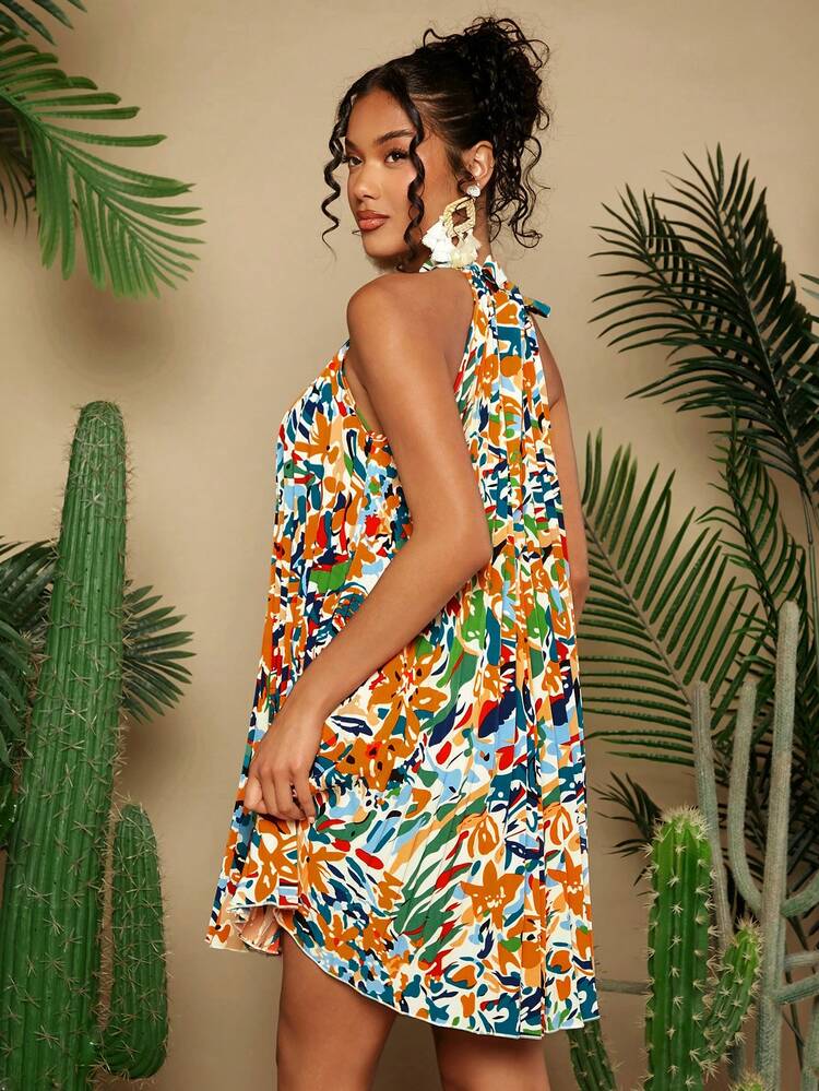 Women's Summer Vacation Plant Printed Short Casual Halterneck Dress