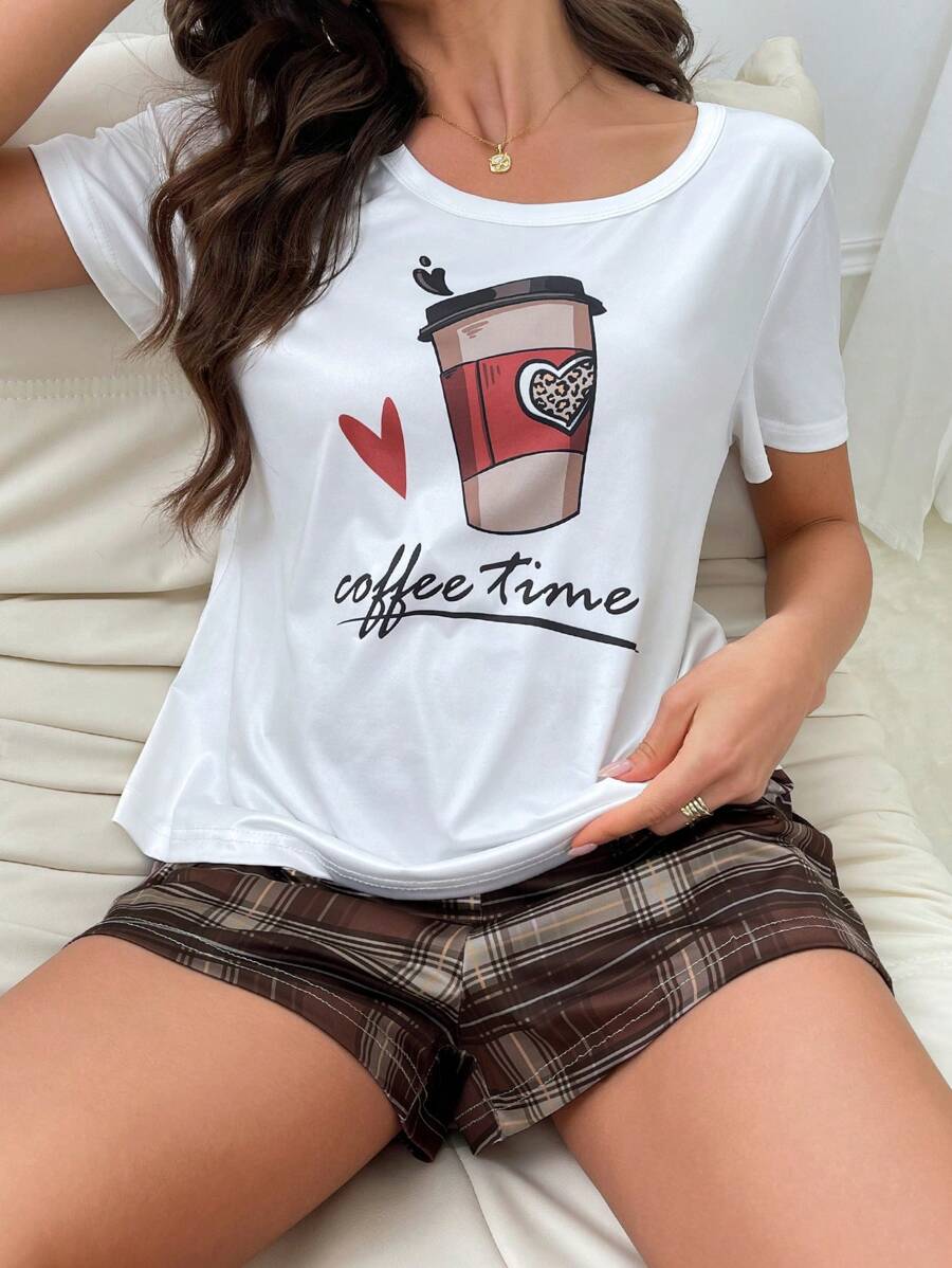 Coffee Cup & Checkered Pattern Women's Pajama Set - Coffee Brown - View 1