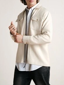 RueChic Men\ Slim Fit Casual Jacket In Beige With Chest Pockets, Metal Zipper, And Simplistic Design - Beige - View 3