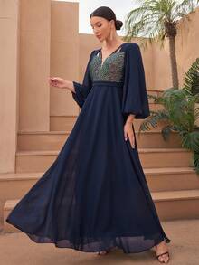 Elegante abito a-line in chiffon con maniche a lanterna, scollo a v scintillante, orlo con paillettes, abito lungo da ballo, da cerimonia di matrimonio, per compleanni, lauree, homecoming - Blu Navy - Visualizzare 7