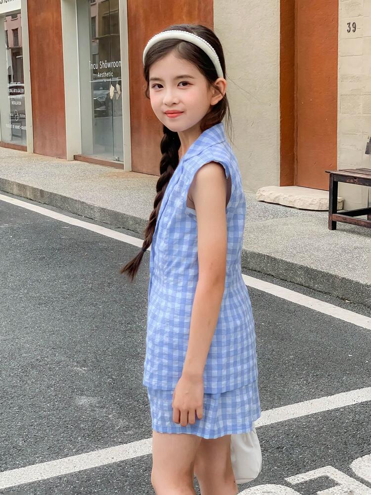 Tween Girl Fashionable Summer Plaid Two-Piece Set (Top And Shorts)