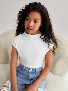 Tween Girl Casual Spring/Summer Knitted Solid Color Half High Neck Short Sleeve Top - White - View 5