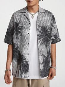 Manfinity VCAY 男款數字印花鬆身短袖織襯衫，夏季 - 彩色 - 查看 4