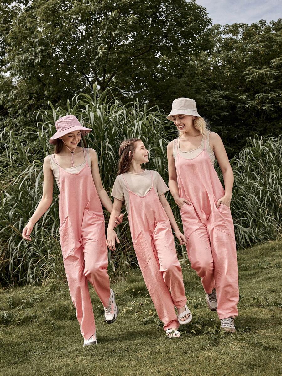 Teen Girl Loose Pink Camisole Jumpsuit + Base Top Top Family Matching Outfits (5 Sets Sold Separately) - Dusty Pink - View 1
