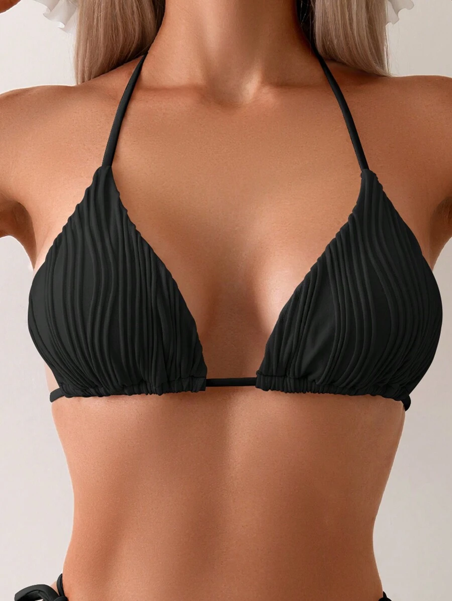 Swim Basics Women's Summer Beach Solid Color Sexy Halter Neck Bikini Top With Special Material - Black - View 1