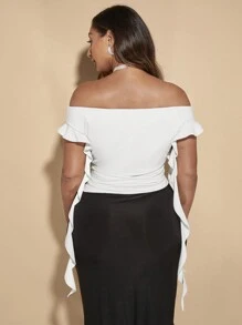 SHEIN BAE Plus Size Women's White Versatile Everyday Sweet Ruffled Knitted Stretch Short-Sleeved One-Shoulder T-Shirt - White - View 2