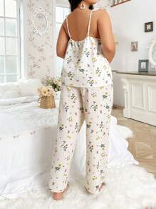 Plus Size Nữ Dây Spaghetti Ditsy Hoa Xù Viền Áo ba lỗ và quần dài, Bộ Pyjama - Màu be - Xem 2
